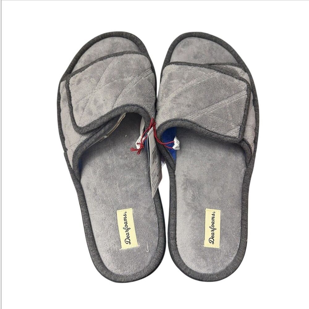 Dearfoams Mens 11-12 L Gray Cooper Quilted Open Toe Slip On Terry Slippers NWT